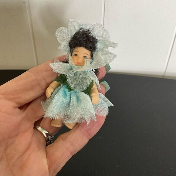 Vintage 3" Porcelain Miniature Bisque Green Blue Doll Arms Legs Move Posable - Picture 1 of 7